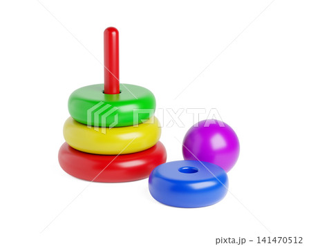 Colorful Stacking Ring Toy Partially Disassembled on White Background, Educational Toddler Toy 141470512