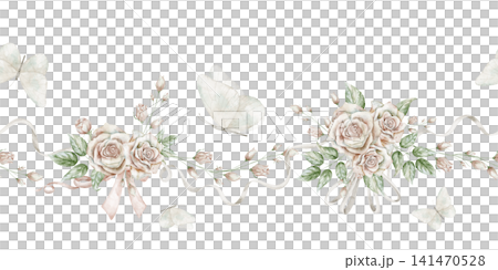 Watercolor seamless Border with white Butterflies and pastel pink roses. Illustration of vintage floral pattern for wedding stationery, invitations and feminine projects. Botanical frame. Watercolor seamless Border with white Butterflies and pastel pink roses. Illustration of vintage floral pattern for wedding stationery, invitations and feminine projects. Botanical frame. 141470528