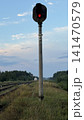 Red Railroad Signal and Overgrown Tracks Under Cloudy Sky 141470579