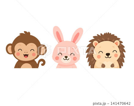 Cute collection of smiling animal portraits featuring a monkey, rabbit, and hedgehog in a flat cartoon vector style, perfect for nursery, kids, and educational designs. Cute collection of smiling animal portraits featuring a monkey, rabbit, and hedgehog in a flat cartoon vector style, perfect for nursery, kids, and educational designs. 141470642