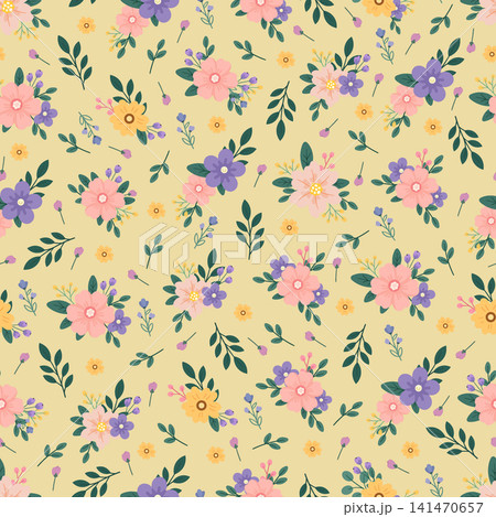 Seamless pattern floral featuring pastel flowers, leafy branches, buds, and botanical elements in a charming flat vector style, ideal for fabric, wallpaper, and wrapping paper. 141470657