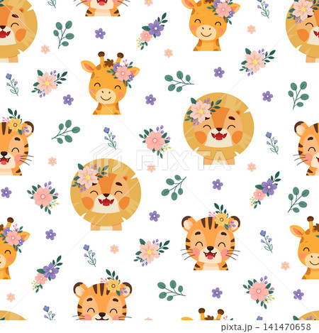 Seamless pattern with cute lion and giraffe characters wearing floral crowns, surrounded by pastel flowers and leaves in a flat vector style for nursery decor. 141470658