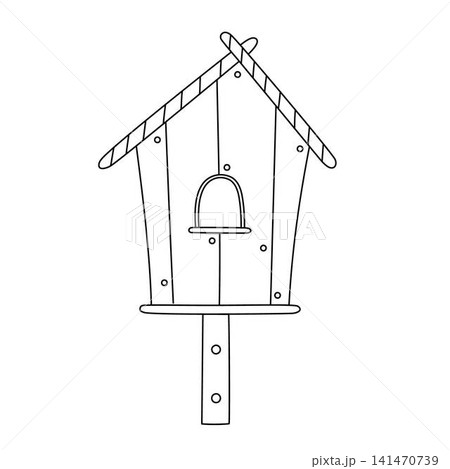 Wooden birdhouse on a post linear vector illustration, cute hand drawn nesting box with striped roof for spring garden design and coloring pages, simple black and white outline doodle isolated element 141470739