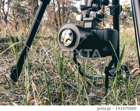Camera on tripod in forest grass, outdoor photography setup Camera on tripod in forest grass, outdoor photography setup 141470860