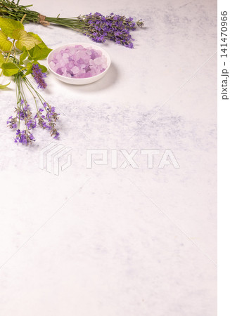Relaxing lavender bath salts with fresh herbs 141470966
