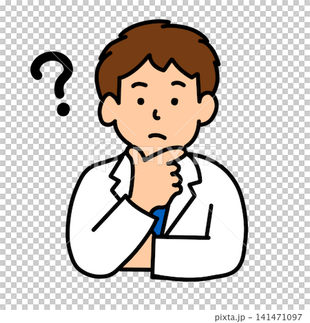 An illustration (hand-drawn) of a male doctor deep in thought or with a question in mind. 141471097