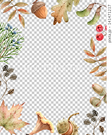 Autumn frame with leaves, berries, acorns, and mushrooms. Autumn botanical frame for invitation card design.  141471217