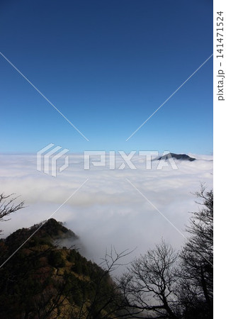 愛媛県・瓶ヶ森　石鎚山系で撮影された見渡す限りの雲海と石鎚山の雄大な山岳風景 141471524
