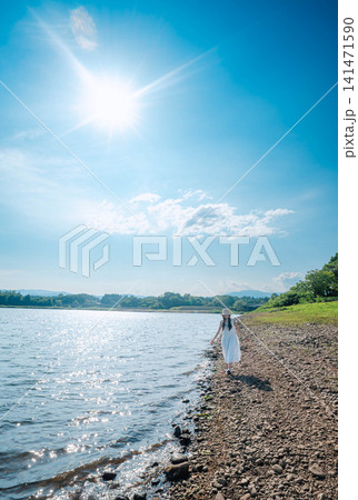 太陽きらめく湖畔の水辺を歩く白ワンピースの女性 太陽きらめく湖畔の水辺を歩く白ワンピースの女性 141471590
