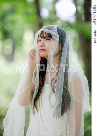 森で白いベールを被り佇む幻想的な女性 森で白いベールを被り佇む幻想的な女性 141471688