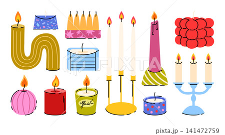 Colorful set of illustrations of wax candles of different shapes and sizes in cartoon line style. Hand drawn vector stickers of different designs of burning candles and candlesticks. Home interior. Colorful set of illustrations of wax candles of different shapes and sizes in cartoon line style. Hand drawn vector stickers of different designs of burning candles and candlesticks. Home interior. 141472759
