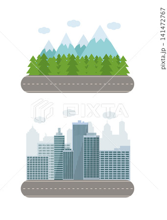 mountain forest road and urban city skyscraper landscape illustration mountain forest road and urban city skyscraper landscape illustration 141472767