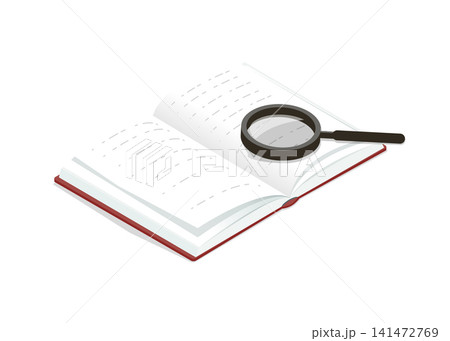 open book with magnifying glass for reading research and document study open book with magnifying glass for reading research and document study 141472769