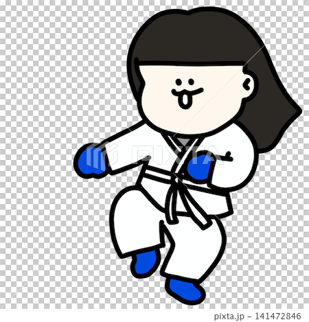 道着を着てボクササイズやエクササイズを楽しむ若い女性のイラスト 青グローブ白帯 141472846