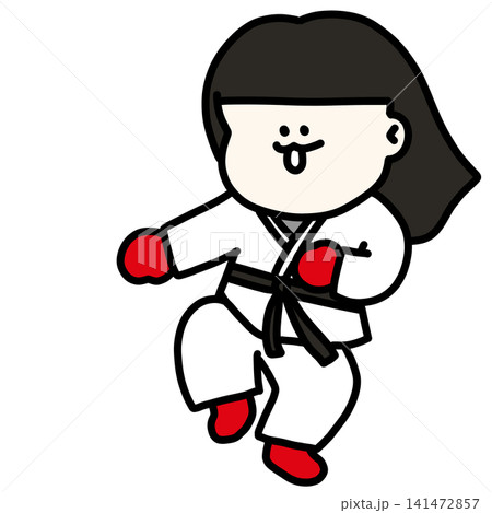 道着を着て敵の攻撃をかわす女性テコンドー選手のイラスト 赤グローブ黒帯 141472857