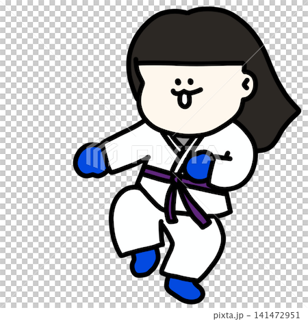 一幅插圖,描繪了一位身穿武術服的年輕女子優雅地躲避攻擊,她戴著藍色手套,並繫著紫色腰帶。 一幅插圖,描繪了一位身穿武術服的年輕女子優雅地躲避攻擊,她戴著藍色手套,並繫著紫色腰帶。 141472951