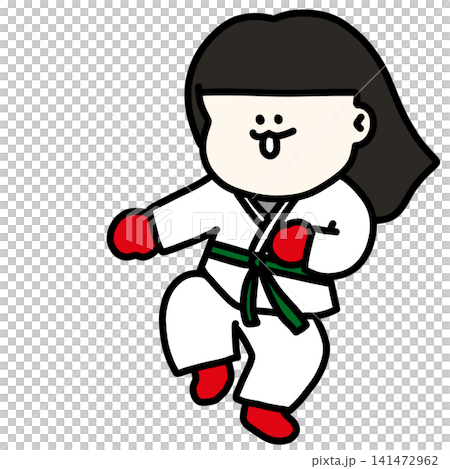 Illustration of a female student energetically participating in sports while wearing a martial arts uniform. Red gloves, green belt. Illustration of a female student energetically participating in sports while wearing a martial arts uniform. Red gloves, green belt. 141472962