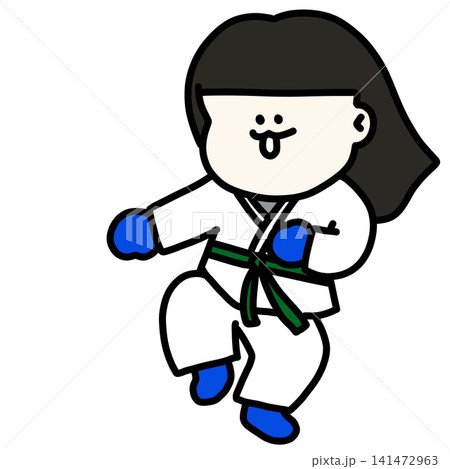 道着を着て元気にスポーツに励む女子学生のイラスト 赤グローブ緑帯 141472963