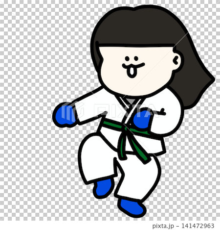 道着を着て元気にスポーツに励む女子学生のイラスト 赤グローブ緑帯 141472963