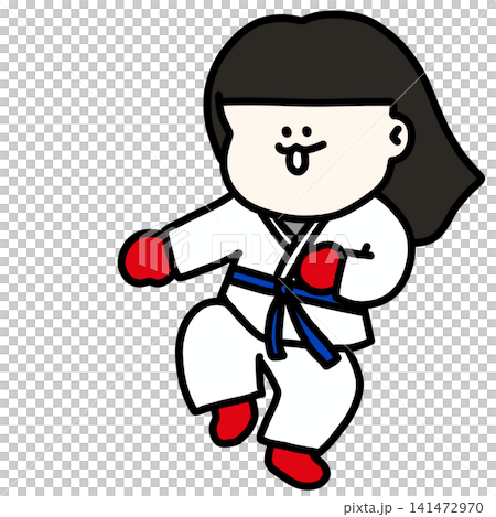 An illustration of a young female taekwondo athlete in a gi, gracefully dodging attacks, wearing blue gloves and a blue belt. An illustration of a young female taekwondo athlete in a gi, gracefully dodging attacks, wearing blue gloves and a blue belt. 141472970