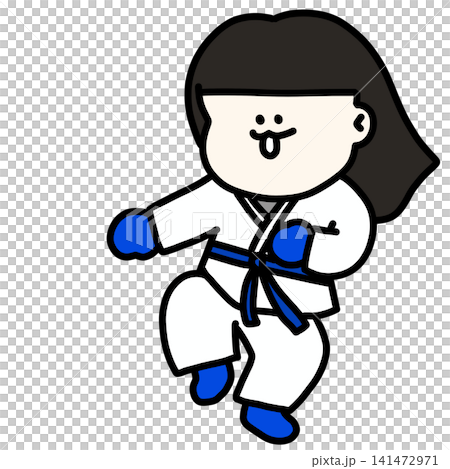 An illustration of a young female taekwondo athlete in a gi, gracefully dodging attacks, wearing blue gloves and a blue belt. An illustration of a young female taekwondo athlete in a gi, gracefully dodging attacks, wearing blue gloves and a blue belt. 141472971