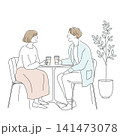 カフェで会話を楽しむ若いカップル シンプル線画イラスト 141473078