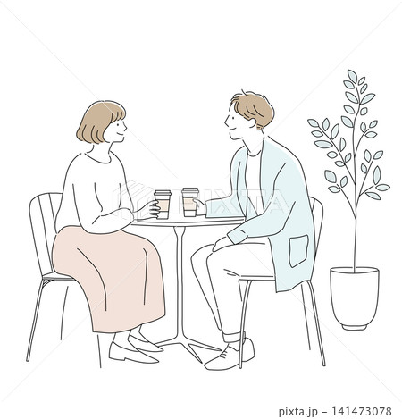 カフェで会話を楽しむ若いカップル シンプル線画イラスト カフェで会話を楽しむ若いカップル シンプル線画イラスト 141473078