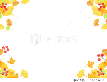 秋の紅葉と赤い実の四隅フレーム 秋の葉が角を飾る可愛い手描きの背景 秋の紅葉と赤い実の四隅フレーム 秋の葉が角を飾る可愛い手描きの背景 141473204