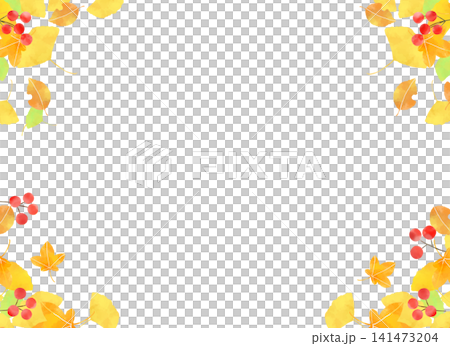 秋の紅葉と赤い実の四隅フレーム 秋の葉が角を飾る可愛い手描きの背景 秋の紅葉と赤い実の四隅フレーム 秋の葉が角を飾る可愛い手描きの背景 141473204