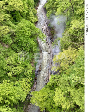 川原湯橋からの新緑の小安峡大噴湯の眺め 川原湯橋からの新緑の小安峡大噴湯の眺め 141473780