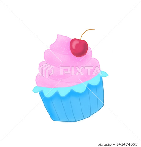Cute cupcake illustration with pink frosting and a cherry on white background 141474665