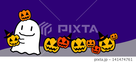 ハロウィンモチーフのかわいい手描き風フレーム、オバケたちの行進 ハロウィンモチーフのかわいい手描き風フレーム、オバケたちの行進 141474761