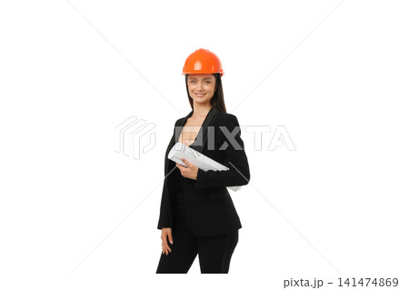 Woman in black with blueprints and helmet, isolated on white, PNG 141474869