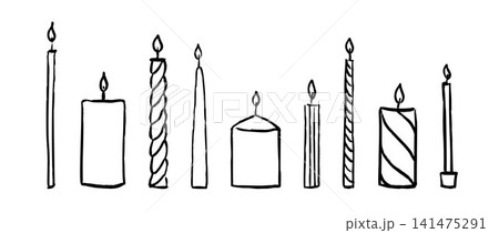 Hand drawn doodle candle set. Black rough sketched burning candles collection. Crayon scribbled element bundle for greeting card, birthday, easter decoration, Christmas. Vector illustration 141475291