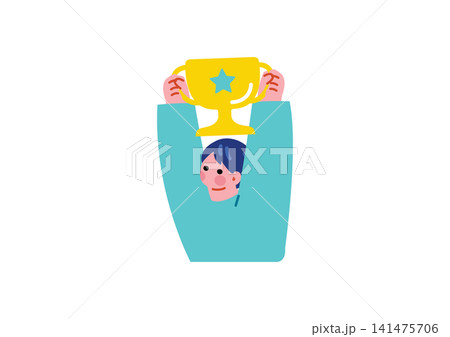 トロフィーを持つビジネスマンのイラスト トロフィーを持つビジネスマンのイラスト 141475706