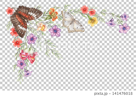 Summer corner composition with butterfly and wildflowers watercolor art. Hand drawn colorful flower arrangement with snapdragon. Floral design for wedding invitation card. Botanical greeting template. Summer corner composition with butterfly and wildflowers watercolor art. Hand drawn colorful flower arrangement with snapdragon. Floral design for wedding invitation card. Botanical greeting template. 141476018