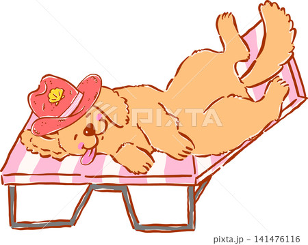 Groovy Cowboy Summer Dog Golden Retriever Relaxing on a Beach Chair, Whimsical Hand Drawn Cartoon Character Groovy Cowboy Summer Dog Golden Retriever Relaxing on a Beach Chair, Whimsical Hand Drawn Cartoon Character 141476116