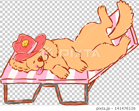 Groovy Cowboy Summer Dog Golden Retriever Relaxing on a Beach Chair, Whimsical Hand Drawn Cartoon Character Groovy Cowboy Summer Dog Golden Retriever Relaxing on a Beach Chair, Whimsical Hand Drawn Cartoon Character 141476116