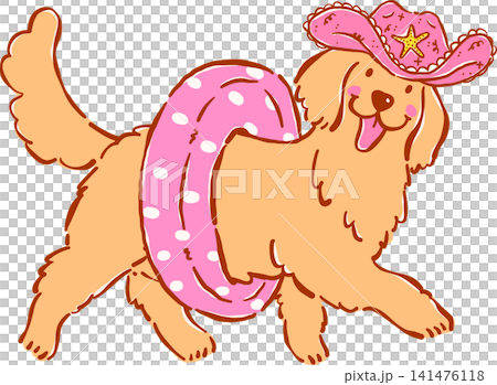Groovy Cowboy Summer Dog Golden Retriever Wearing Cowboy Hat and Swim Ring, Whimsical Hand Drawn Cartoon Character Groovy Cowboy Summer Dog Golden Retriever Wearing Cowboy Hat and Swim Ring, Whimsical Hand Drawn Cartoon Character 141476118