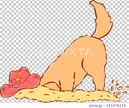 Groovy Cowboy Summer Dog Golden Retriever Digging Sand with Hat, Whimsical Hand Drawn Cartoon Character Groovy Cowboy Summer Dog Golden Retriever Digging Sand with Hat, Whimsical Hand Drawn Cartoon Character 141476119