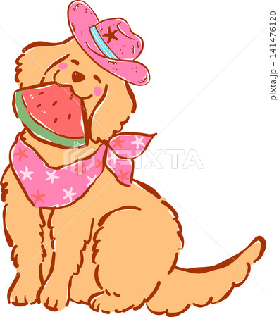 Groovy Cowboy Summer Dog Golden Retriever Eating Watermelon, Whimsical Hand Drawn Cartoon Character 141476120