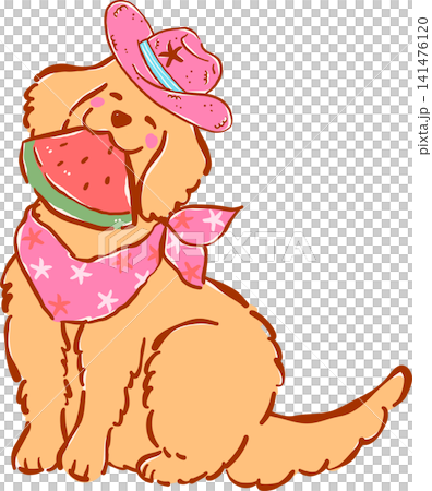 Groovy Cowboy Summer Dog Golden Retriever Eating Watermelon, Whimsical Hand Drawn Cartoon Character 141476120