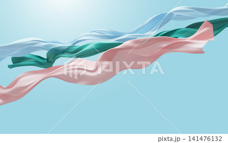 Tropical summer banner background design of soft blue, coral pink, and emerald teal green sheer fabric ribbon flowing with copy space 3D render Tropical summer banner background design of soft blue, coral pink, and emerald teal green sheer fabric ribbon flowing with copy space 3D render 141476132