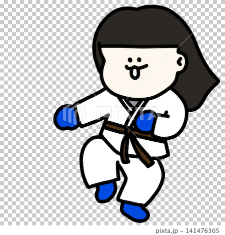 An illustration of a young woman in a martial arts uniform striking a playful pose, wearing blue gloves and a brown belt. 141476305