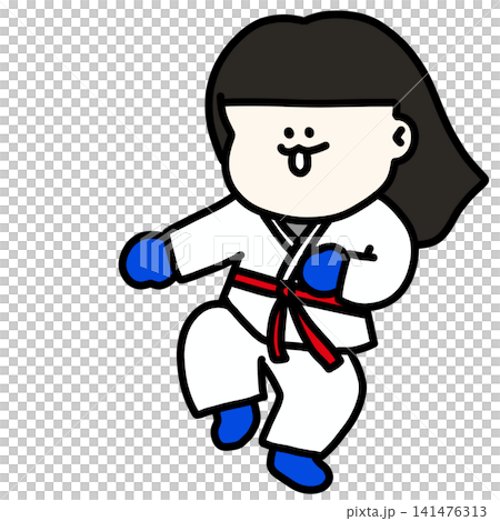 An illustration of a female student energetically participating in sports while wearing a martial arts uniform, with blue gloves and a red belt. 141476313