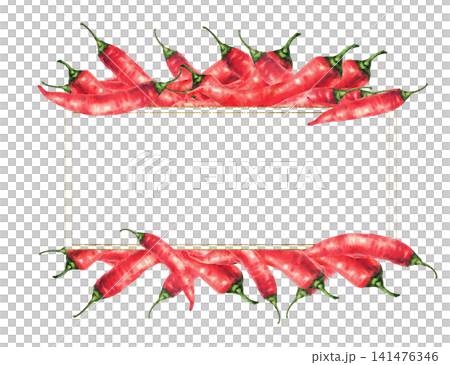 Watercolor red chili peppers pods, gold rectangular frame on isolated white background. Spice ingredient, hot chilli condiment. Hand drawn spicy vegetables for food label template, sauces, recipe. Watercolor red chili peppers pods, gold rectangular frame on isolated white background. Spice ingredient, hot chilli condiment. Hand drawn spicy vegetables for food label template, sauces, recipe. 141476346