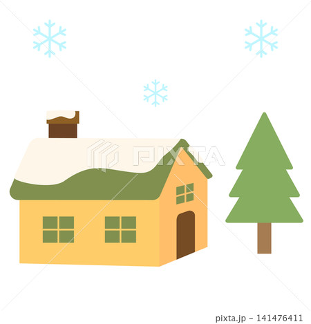 雪の積もった家と木と雪の結晶のイラスト 雪の積もった家と木と雪の結晶のイラスト 141476411
