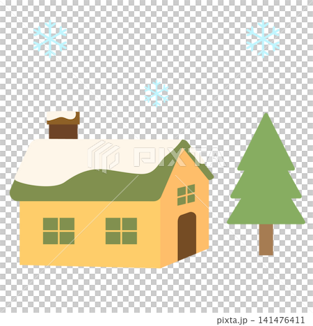 An illustration of a house, trees, and snowflakes covered in snow. 141476411