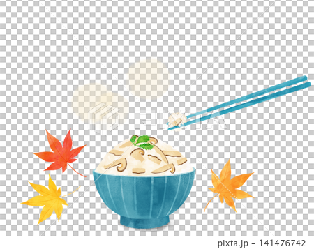一幅水彩插畫，描繪了新鮮烹製的松茸飯和秋葉。 141476742