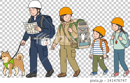 Evacuating with pets (dogs and cats), or a family of four participating in an evacuation drill. Evacuating with pets (dogs and cats), or a family of four participating in an evacuation drill. 141476747